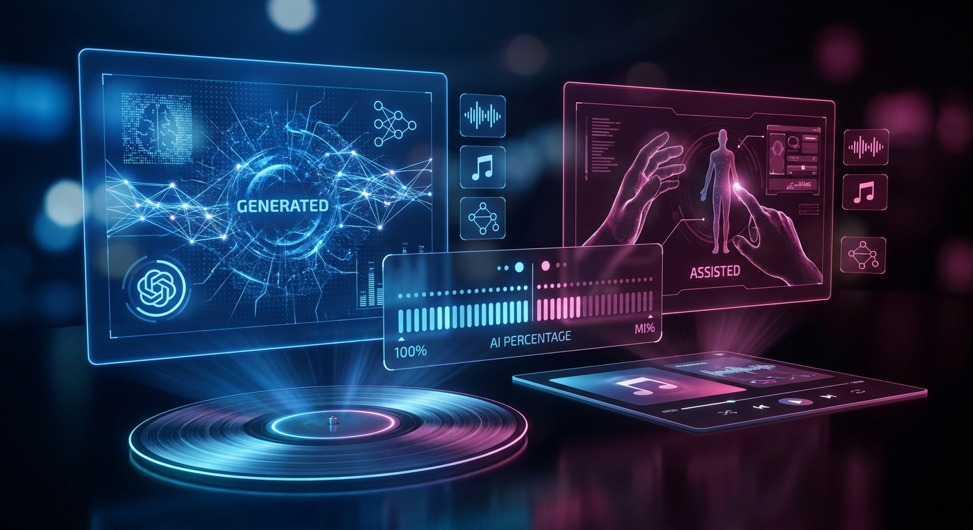 Neue Labels für Songs ‚KI‑generiert‘ vs ‚KI‑unterstützt‘ erklären KI‑Anteil Neue Labels für Songs 'KI‑generiert' vs 'KI‑unterstützt' erklären KI‑Anteil